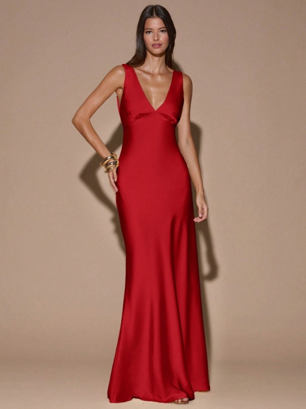 Red Satin Maxi Dress Criss Cross Back Ties - Picture 6 of 10